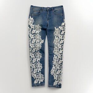 R Jeans Italy Blue Denim Jeans Women’s Sz M White Floral Lace Side Italy Made